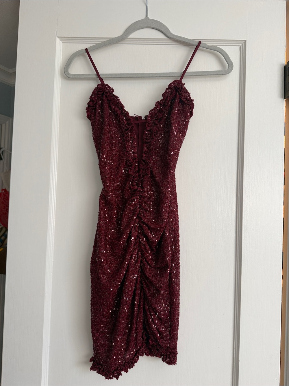 Windsor Burgundy Sequin Ruched Mini Dress